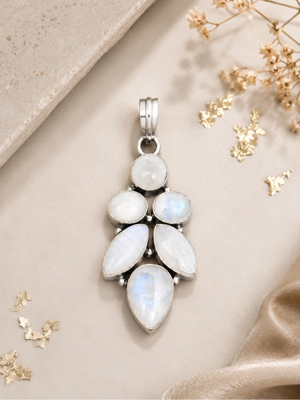 Handcrafted 6-Stone Rainbow Moonstone 925 Silver 2.5” Pendant